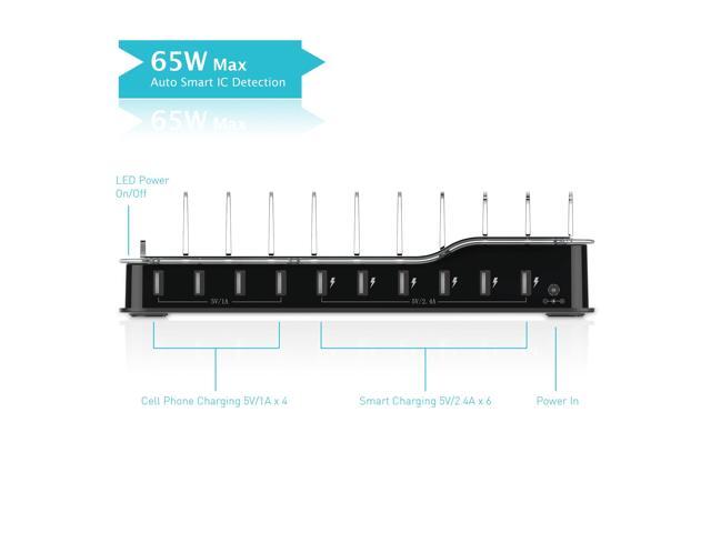 10 Port USB Charging Station Dock & Organizer, Universal Desktop Tablet & Smartphone Multi-Device 10 Port USB Charger Hub with Auto Detect Smart...