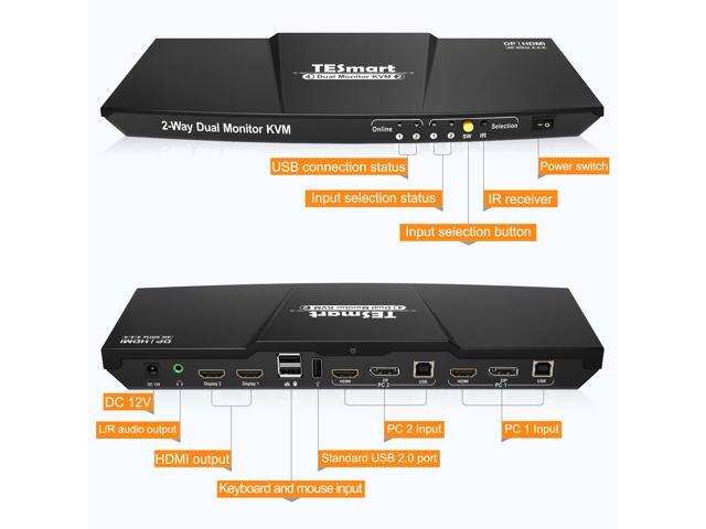 TESmart KVM Switch HDMI+DisplayPort,2 In 2 Out,Dual Monitor KVM Switch,support 4K 3840*2160@60Hz with Audio interface and USB 2.0