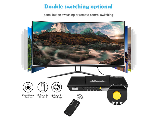 TESmart 4x1 HDMI Switch Ultra HD supports 4K@60Hz 4: 4: 4, 4-port HDMI switch 3DTV pass-through, Support S/PDIF and L/R audio out and IR remote...