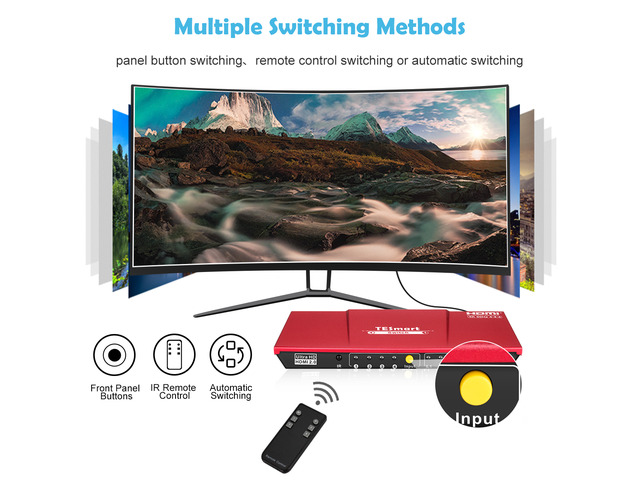 TESmart 4x1 HDMI Switch supports Ultra HD 4K@60Hz 4: 4: 4, 4-port HDMI switch with audio output and IR remote control, HDR, 3D, For Xbox 360/One,...