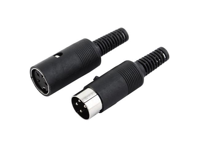 Pair Black Plastic Cover DIN 4 Pin Male + Female Straight Audio Adapter