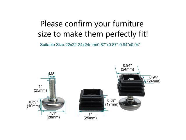 Adjustable Leveling Feet 25 x 25mm Tube Inserts Furniture Table Glide 4 Sets