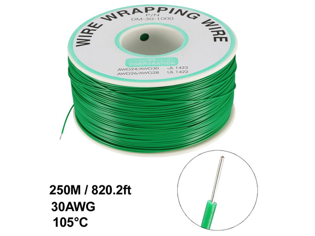 OK Wire Tin Plated Copper Cord Wire Wrapping P/N 30 AWG 820ft Length Green