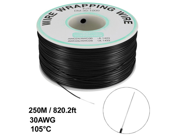 OK Wire Tin Plated Copper Cord Wire Wrapping P/N 30 AWG 820ft Length Black