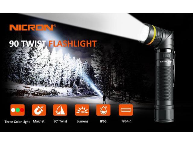 NICRON Magnet 90 Degree Rechargeable LED Flashlight Handfree Ultra High Brightness 1200LM With Three Light Color(White,Red,Green),Waterproof...