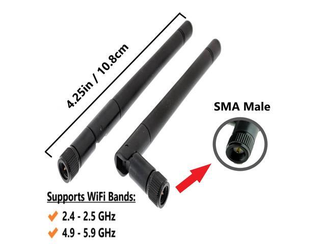 Black 3dBi Dual Band Signal Booster Mini Wi-Fi Antennas (2.4GHz/5GHz-5.8GHz) with SMA Male Connector for Wireless Camera, Router, Hotspot - 2 Pack