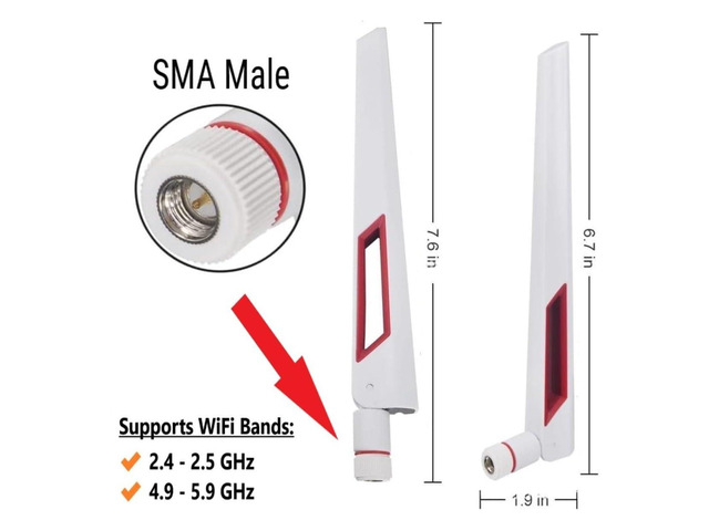 White and Red 10dBi Dual Band Signal Booster Wi-Fi Antennas (2.4GHz/5GHz-5.8GHz) with SMA Male Connector for Wireless Camera, Router, Hotspot - 2 Pack