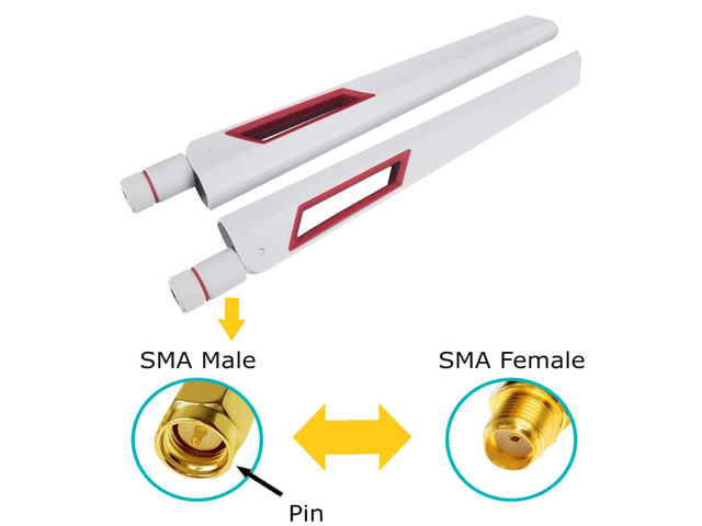 White and Red 10dBi Dual Band Signal Booster Wi-Fi Antennas (2.4GHz/5GHz-5.8GHz) with SMA Male Connector for Wireless Camera, Router, Hotspot - 2 Pack