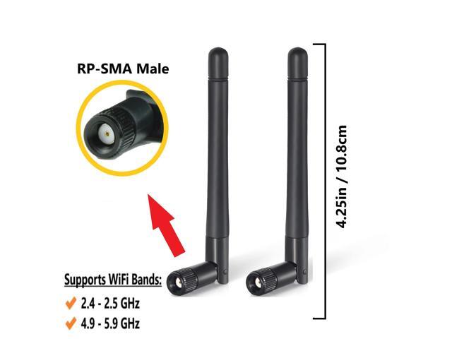 Black 3dBi Dual Band Signal Booster Mini Wi-Fi Antennas (2.4GHz/5GHz-5.8GHz) with RP-SMA Male Connector for Wireless Camera, Router, Hotspot - 2 Pack