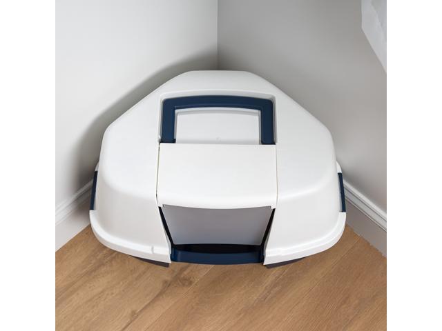 IRIS Large Hooded Corner Litter Box with Scoop, Navy