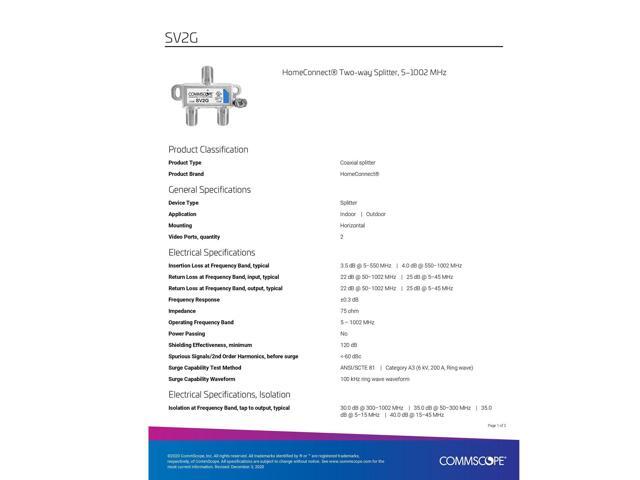 2-Way Digital Coaxial Splitter SV-2G, 5-1002 Mhz (5 Pack)