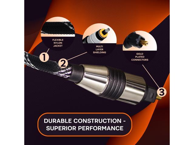 SatelliteSale Digital Toslink SPDIF Audio Optical Fiber Cable Universal Wire Nylon Black/Silver Cord 6 feet