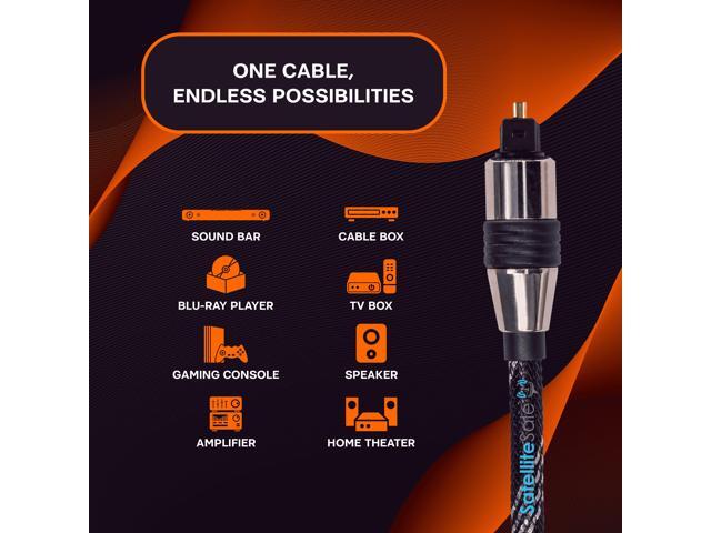 SatelliteSale Digital Toslink SPDIF Audio Optical Fiber Cable Universal Wire Nylon Black/Silver Cord 6 feet