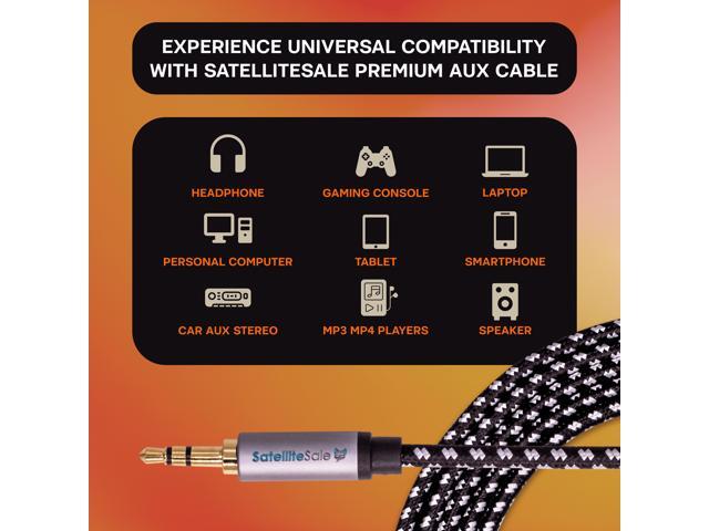 SatelliteSale Auxiliary 3.5mm Audio Jack Male to Male Digital Stereo Aux Cable Universal Wire Black/White Nylon Cord 3 feet