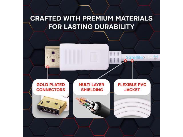 SatelliteSale DisplayPort DP Cable Male to Male 4K/30Hz 8.64Gbps Universal Wire PVC White Cord 15 feet