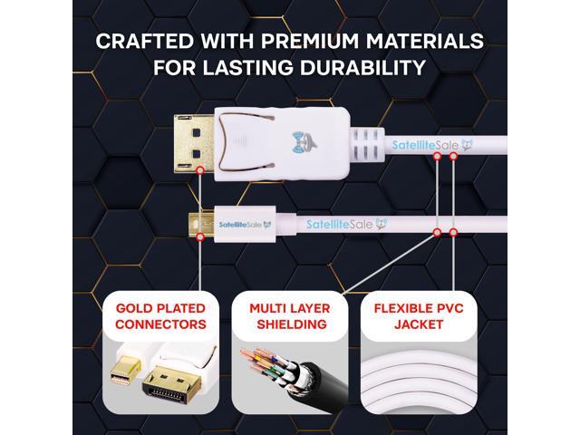 SatelliteSale Mini DisplayPort to Display Port DP Cable Male to Male 4K/30Hz 8.64Gbps Universal Wire PVC White Cord 6 feet