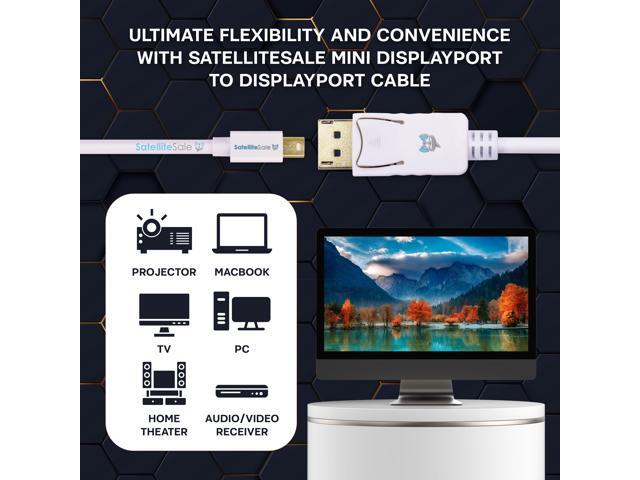 SatelliteSale Mini DisplayPort to Display Port DP Cable Male to Male 4K/30Hz 8.64Gbps Universal Wire PVC White Cord 15 feet