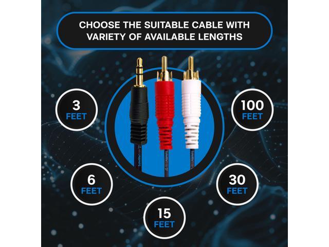 SatelliteSale Auxiliary 3.5mm Audio Jack to 2 RCA Digital Stereo Composite Aux Cable Universal Wire PVC Black Cord 6 feet