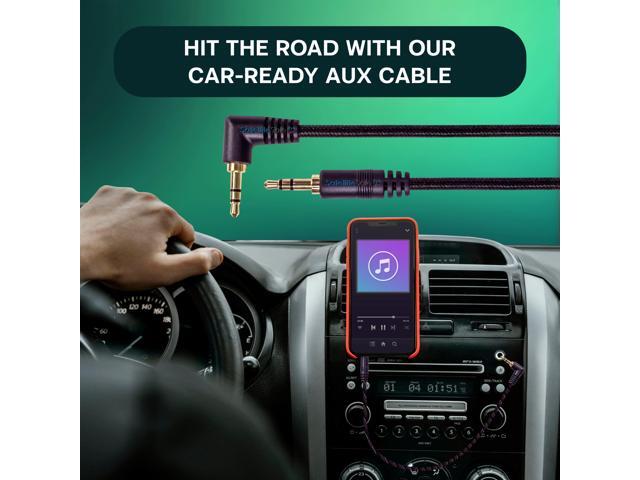 SatelliteSale Auxiliary 3.5mm Right Angle Audio Jack Male to Male Digital Stereo Aux Cable Universal Wire Black Nylon Cord 6 feet