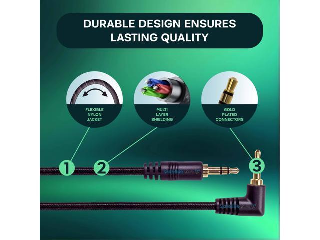 SatelliteSale Auxiliary 3.5mm Right Angle Audio Jack Male to Male Digital Stereo Aux Cable Universal Wire Black Nylon Cord 6 feet