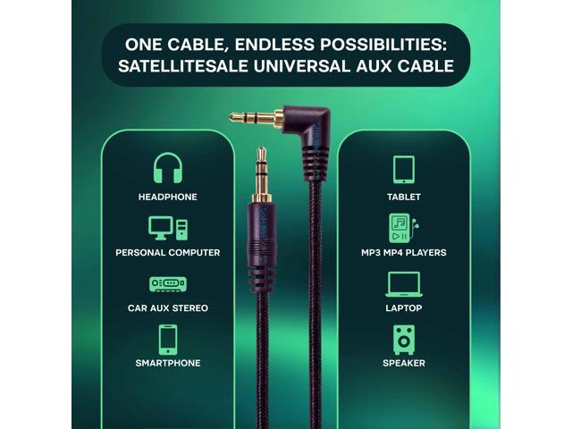 SatelliteSale Auxiliary 3.5mm Right Angle Audio Jack Male to Male Digital Stereo Aux Cable Universal Wire Black Nylon Cord 3 feet