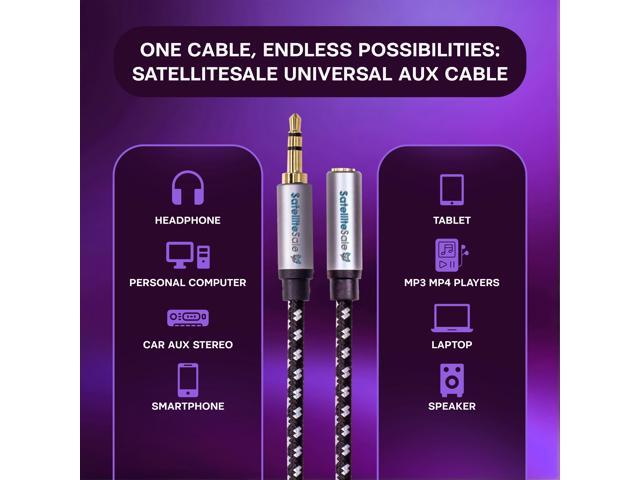 SatelliteSale Auxiliary 3.5mm Audio Jack Male to Female Digital Stereo Aux Extension Cable Universal Wire Black/White Nylon Cord 10 feet