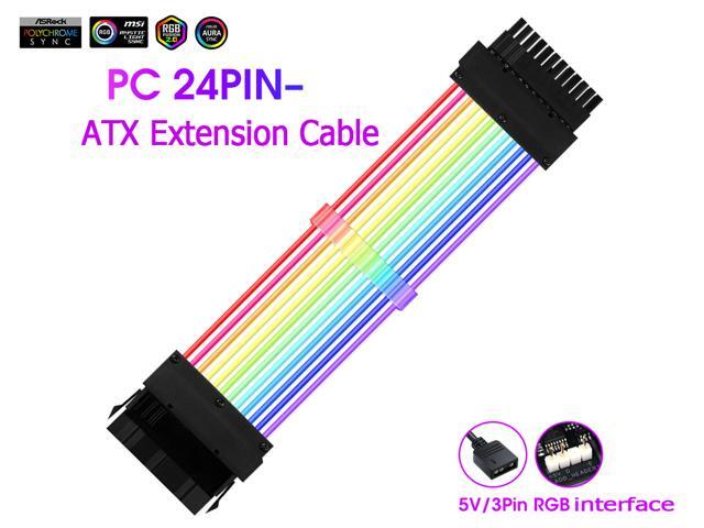 Addressable RGB Power Extension Cable Sleeved Cable Extension PC Kit 18AWG 24Pin ATX Power Supply PSU Cable with Combs 24CM