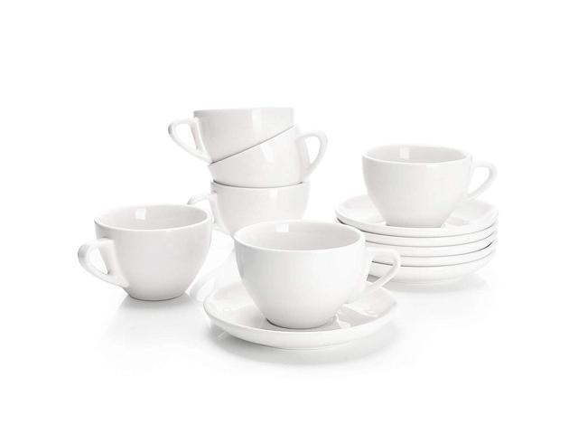 Sweese 403.001 Porcelain Cappuccino Cups with Saucers - 6 Ounce for Specialty Coffee Drinks, Latte, Cafe Mocha and Tea - Set of 6, White