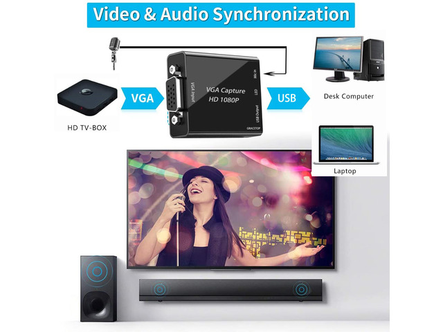 VGA Capture Card, VGA to USB Capture Device with Mic input Support Full HD 1080P Video for Gaming, Streaming, Teaching, Video Conference, Live...