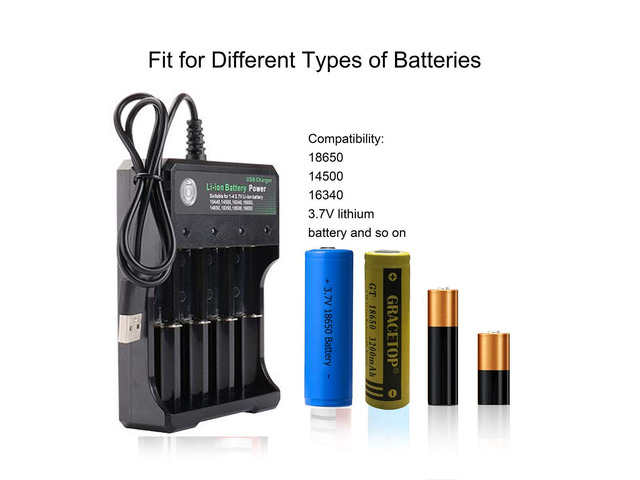 USB Smart Battery Charger 4-Bay 5V 2A for Rechargeable Batteries 3.7V Li-ion TR IMR 1865O 2665O 145OO 16340(RCR123) Red/Green Display (Not Battery)