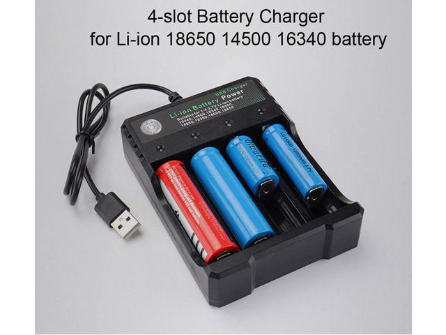 USB Smart Battery Charger 4-Bay 5V 2A for Rechargeable Batteries 3.7V Li-ion TR IMR 1865O 2665O 145OO 16340(RCR123) Red/Green Display (Not Battery)