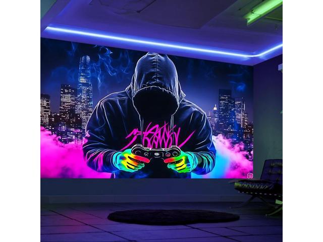 Glow in The Dark Gaming Tapestry 2D Flat - Enigmatic Individual Game Controller Design, UV Reactive Neon Wall Art for Bedroom, Game Room, Dorm, Man...