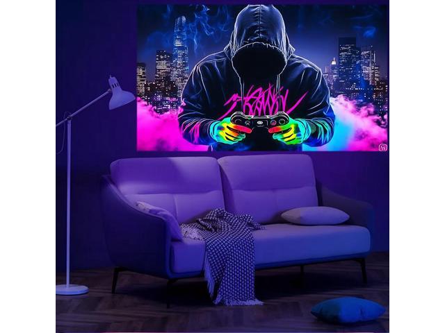 Glow in The Dark Gaming Tapestry 2D Flat - Enigmatic Individual Game Controller Design, UV Reactive Neon Wall Art for Bedroom, Game Room, Dorm, Man...