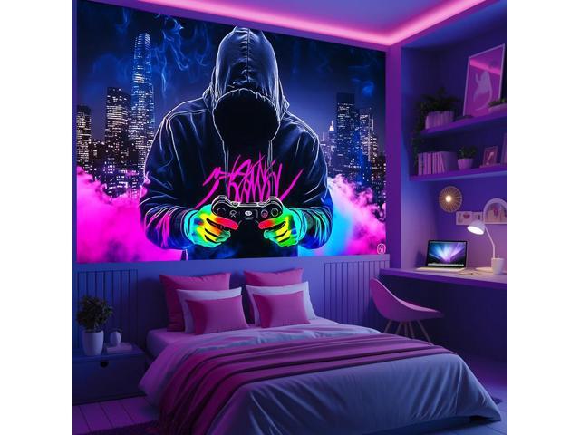 Glow in The Dark Gaming Tapestry 2D Flat - Enigmatic Individual Game Controller Design, UV Reactive Neon Wall Art for Bedroom, Game Room, Dorm, Man...