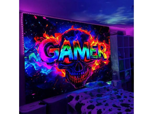Glow in The Dark Skull Theme Games Tapestry 2D Flat - Enigmatic Individual Game Controller Design, UV Reactive Neon Wall Art for Bedroom, Game...