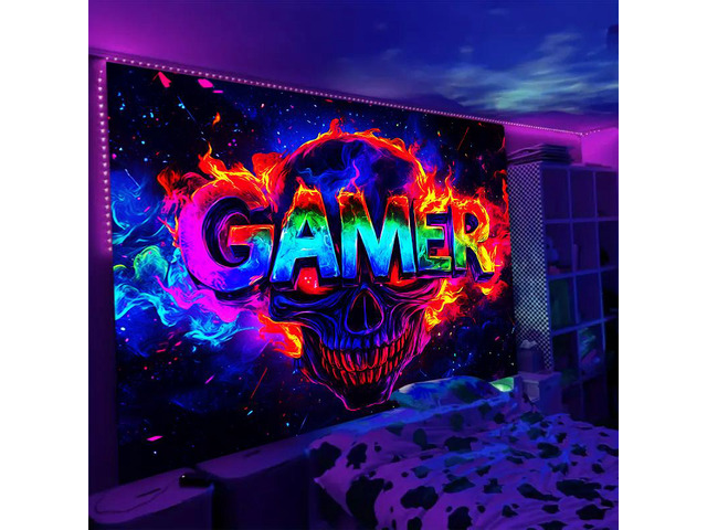 Glow in The Dark Skull Theme Games Tapestry 2D Flat - Enigmatic Individual Game Controller Design, UV Reactive Neon Wall Art for Bedroom, Game...