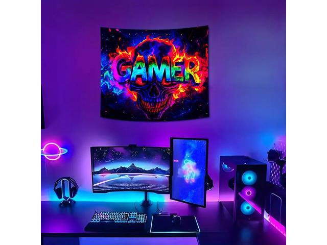 Glow in The Dark Skull Theme Games Tapestry 2D Flat - Enigmatic Individual Game Controller Design, UV Reactive Neon Wall Art for Bedroom, Game...