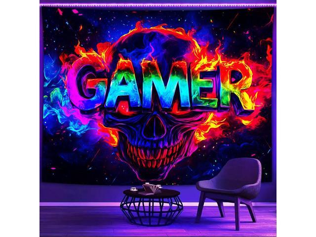 Glow in The Dark Skull Theme Games Tapestry 2D Flat - Enigmatic Individual Game Controller Design, UV Reactive Neon Wall Art for Bedroom, Game...