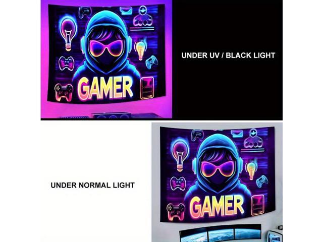 Glow in The Dark Mysterious Gamer Tapestry 2D Flat - Enigmatic Individual Game Controller Design, UV Reactive Neon Wall Art for Bedroom, Game Room,...