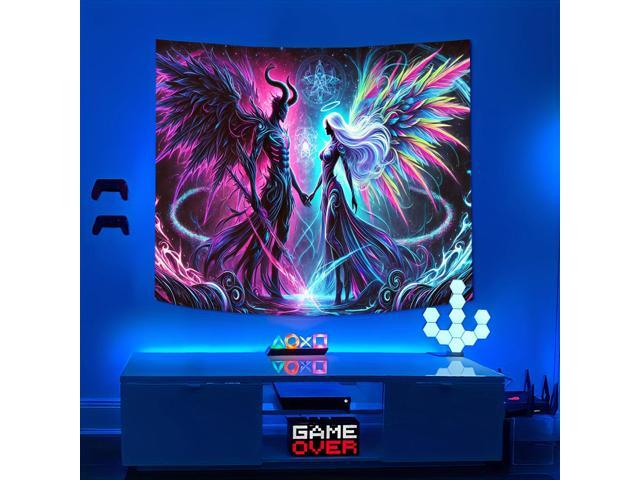 Glow in The Dark Devil Angel Tapestry 2D Flat, UV Reactive Neon Wall Art for Bedroom, Game Room, Dorm, Man Cave Decor, Prebuilt Pc Decor (90x60in)