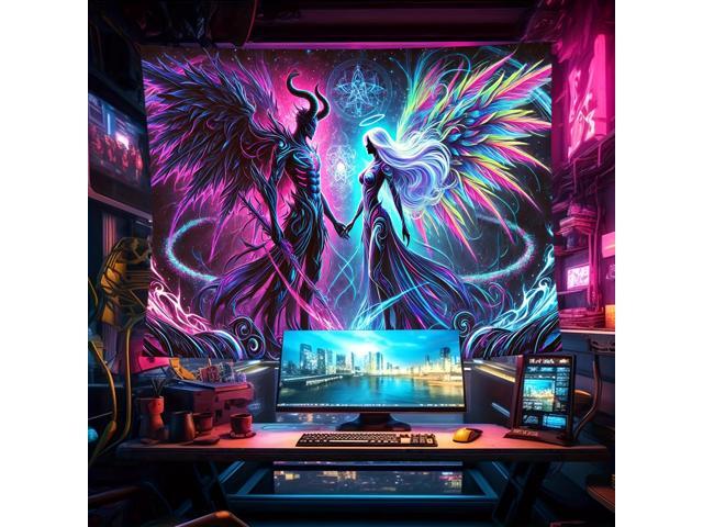Glow in The Dark Devil Angel Tapestry 2D Flat, UV Reactive Neon Wall Art for Bedroom, Game Room, Dorm, Man Cave Decor, Prebuilt Pc Decor (60x40in)