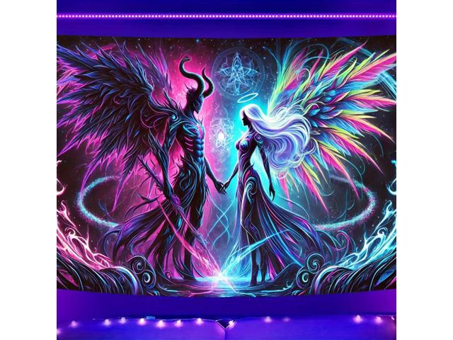 Glow in The Dark Devil Angel Tapestry 2D Flat, UV Reactive Neon Wall Art for Bedroom, Game Room, Dorm, Man Cave Decor, Prebuilt Pc Decor (59x51in)