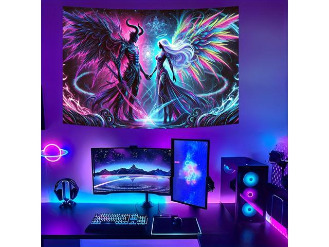 Glow in The Dark Devil Angel Tapestry 2D Flat, UV Reactive Neon Wall Art for Bedroom, Game Room, Dorm, Man Cave Decor, Prebuilt Pc Decor (92x72in)