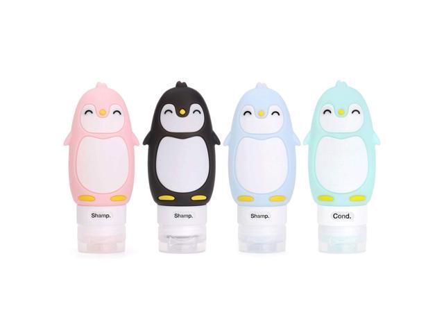 AUTENS Leakproof Silicone Travel Bottles Accessories Set, 3oz (90ml) 4 Pack Refillable Cute Penguin Travel Containers for Shampoo, Conditioner,...