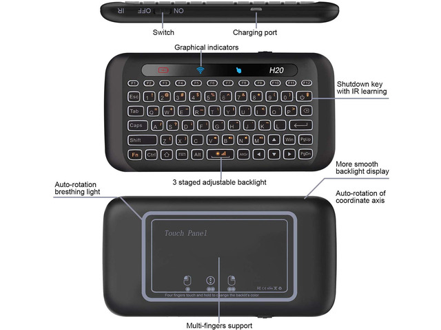 STANSTAR 2.4Ghz H20 Mini Wireless Keyboard and Touchpad Mouse Combo,7 Colors Adjustable, Rechargeable Auto-Rotation of Touch Panel Handheld Remote...