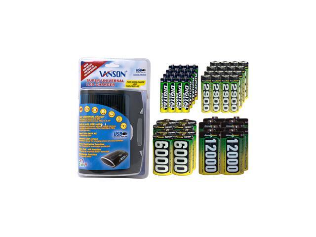 Super Universal LCD Battery Charger + 16 AA (2900 mAh) + 16 AAA (1200 mAh) + 8 C (6000 mAh) + 8 D (12000 mAh) AccuPower NiMH Batteries