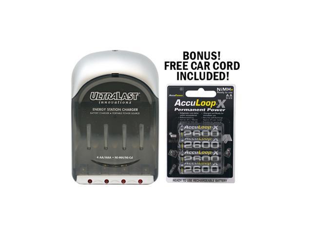 UltraLast AA / AAA Smart Battery Charger + 4 AA AccuPower AccuLoop-X NiMH Batteries (2600 mAh)