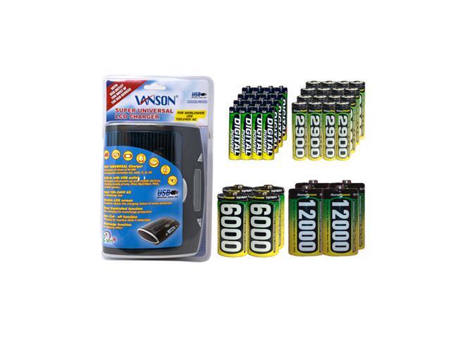 Super Universal LCD Battery Charger + 16 AA (2900 mAh) + 16 AAA (1200 mAh) + 4 C (6000 mAh) + 4 D (12000 mAh) AccuPower NiMH Batteries