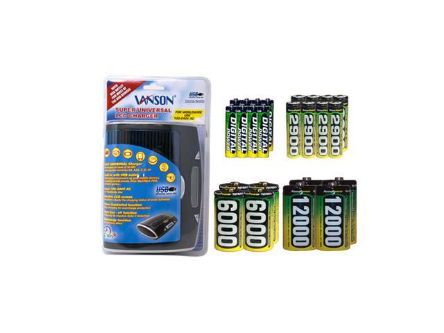 Super Universal LCD Battery Charger + 8 AA (2900 mAh) + 8 AAA (1200 mAh) + 4 C (6000 mAh) + 4 D (12000 mAh) AccuPower NiMH Batteries