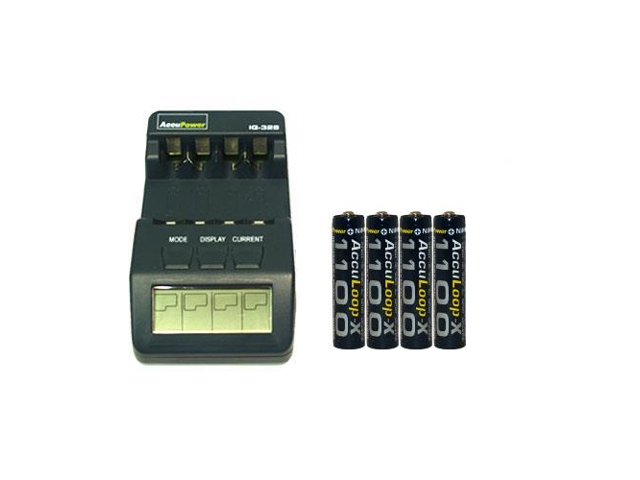 IQ-328 AA / AAA LCD Charger + 4 AAA (1100 mAh) AccuPower AccuLoop-X NiMH Batteries